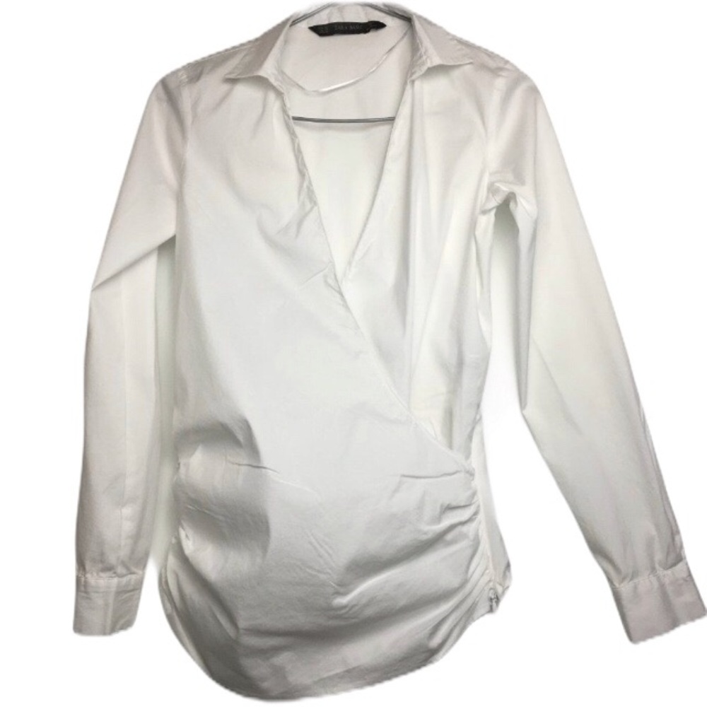 Zara White Long Sleeve v-Neck Shirt XS